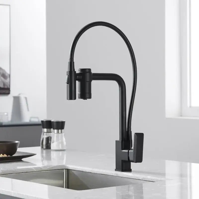 Modern matte black brass flexible 3 way kitchen filter tap mixer with gooseneck spout by decorbites black brass