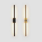 Two modern minimalist wall lights in matte black and decorbites brass gold led with sleek vertical cylindrical design