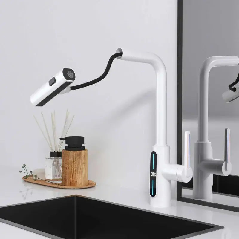 Modern matte black brass kitchen faucet pull out mixer with integrated led display showing 30°c decorbites brass kitchen