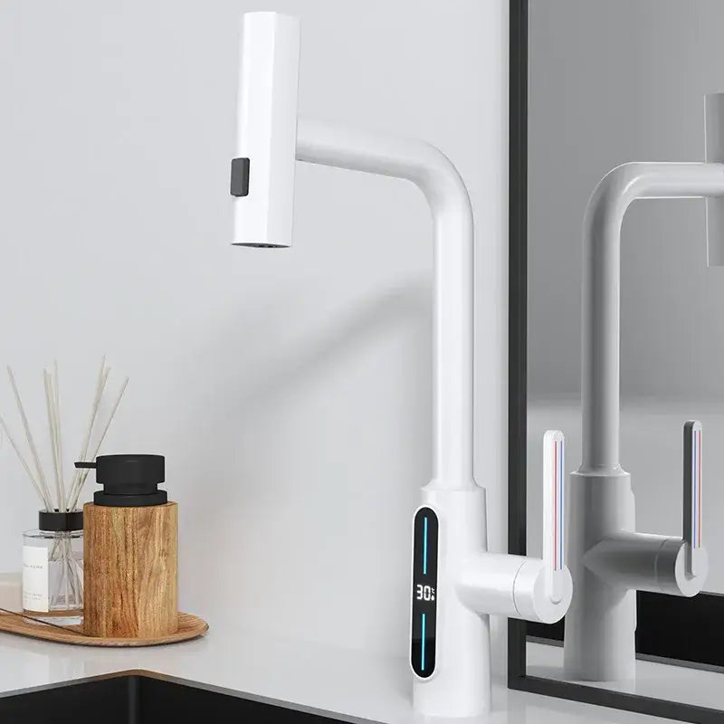 Modern matte black brass kitchen faucet pull out mixer with digital temperature display and sleek minimalist design decorbites brass kitchen