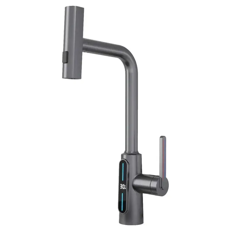 Modern matte black brass kitchen faucet pull out mixer with digital display and curved spout decorbites brass kitchen design