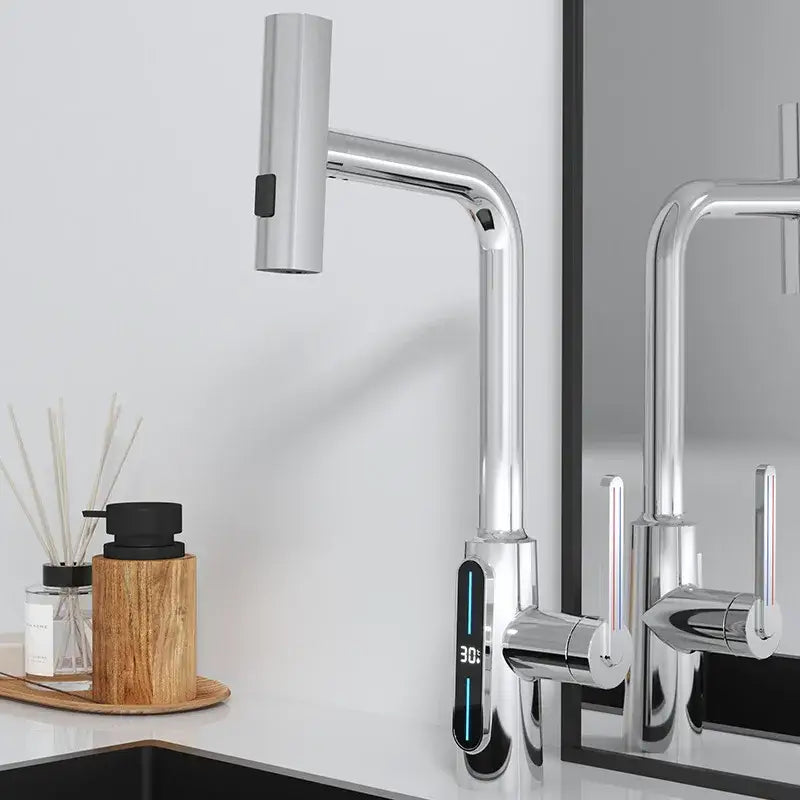 Modern matte black brass kitchen faucet pull out mixer with sleek chrome spout and digital temperature display decorbites brass kitchen