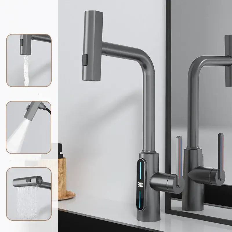 Modern matte black brass kitchen faucet pull with digital temperature display and multiple spray settings decorbites brass kitchen