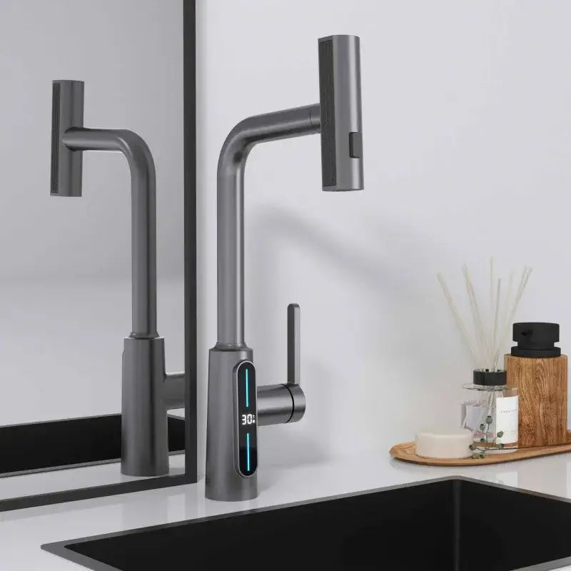 Modern matte black brass kitchen faucet pull out mixer with digital temperature display for decorbites brass kitchen use