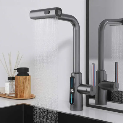 Modern matte black brass kitchen faucet pull out mixer with digital display and sleek curved design for decorbites brass kitchen