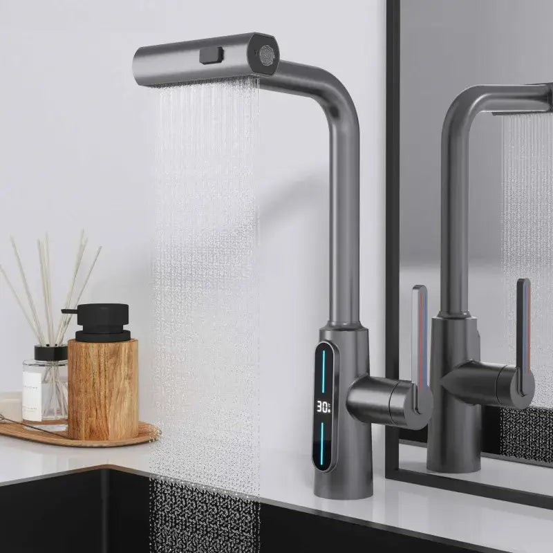 Modern matte black brass kitchen faucet pull out mixer with digital display and sleek curved design for decorbites brass kitchen