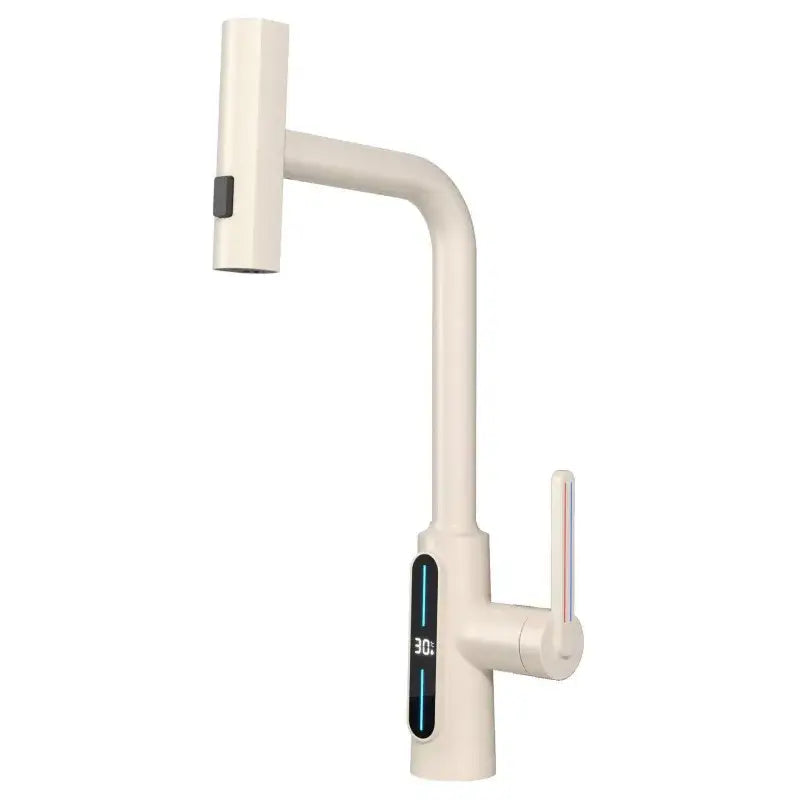 Cream-colored brass kitchen faucet pull with modern matte black brass kitchen decorbites design and integrated temperature display