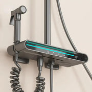 Modern matte black brass shower faucet set with led display showing 38°c and multiple function icons