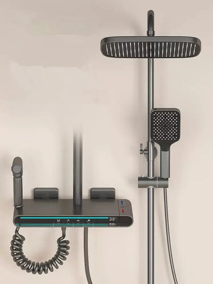 Modern matte black brass shower faucet set with rectangular rainhead handheld spray and digital led temperature display