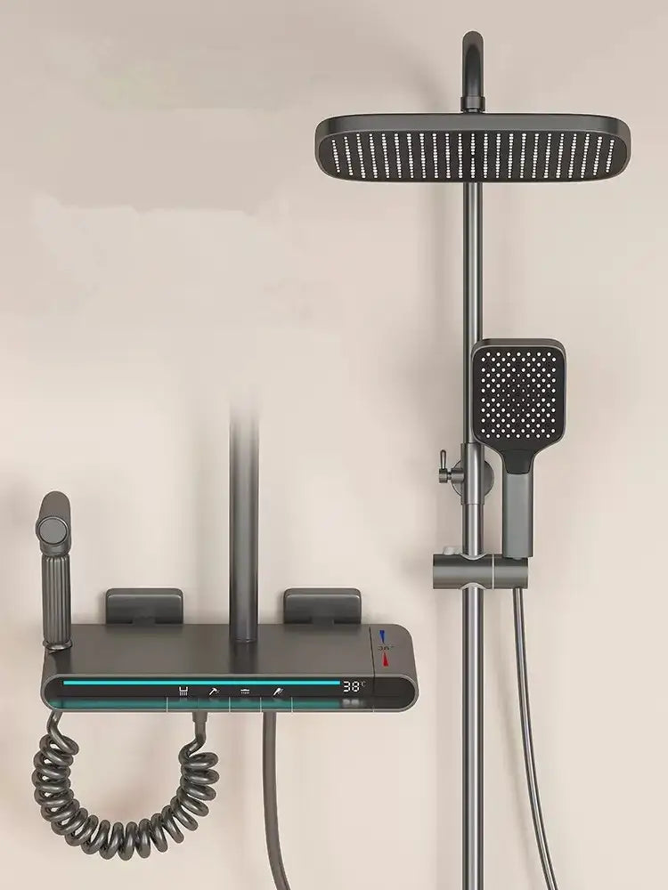 Modern matte black brass shower faucet set with rectangular rainhead handheld spray and digital led temperature display