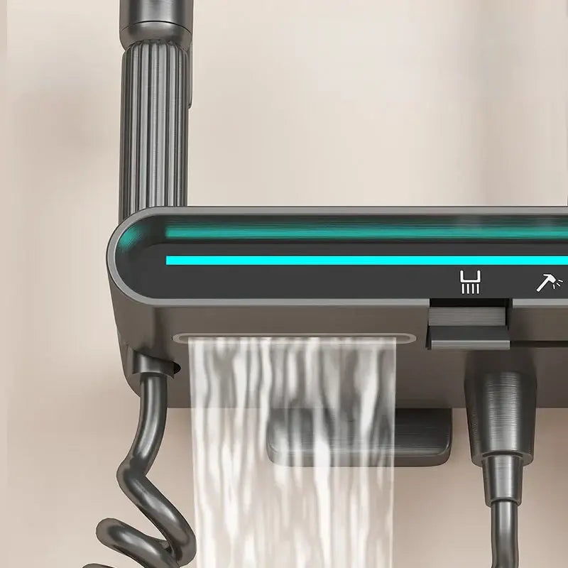 Modern matte black brass shower faucet set featuring a sleek curved shower faucet with teal led display strip