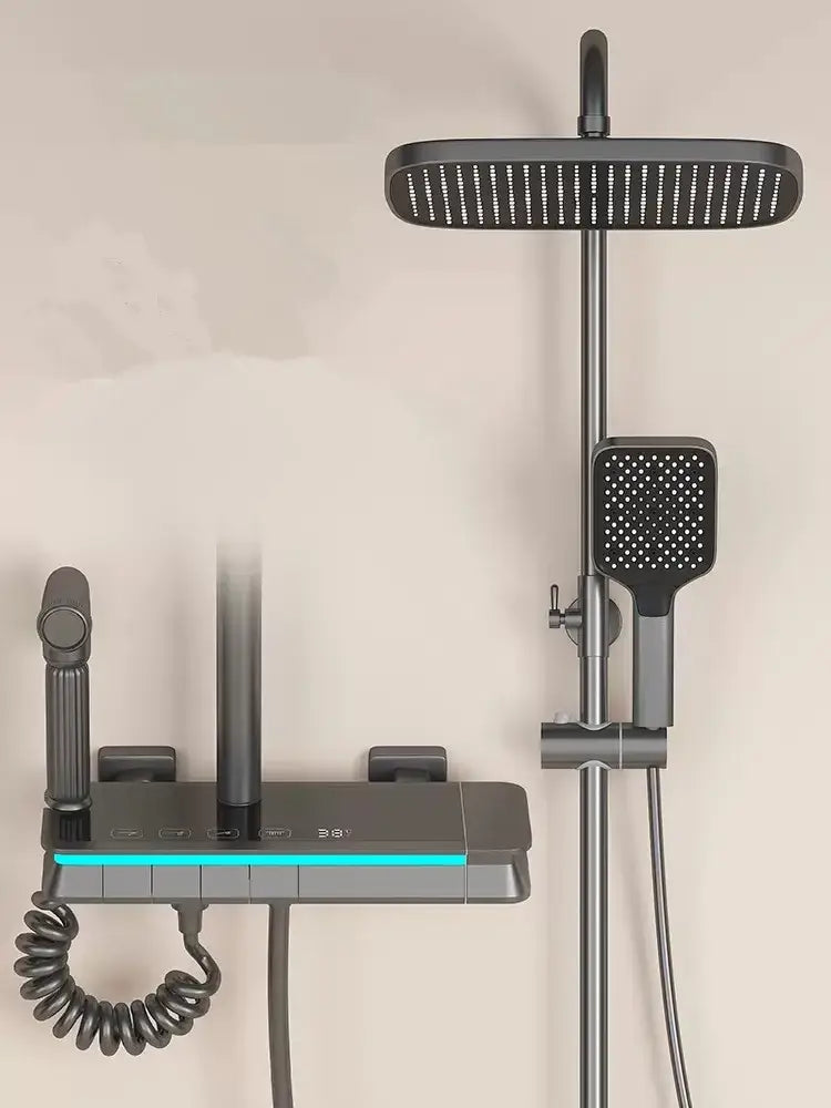 Modern matte black brass shower faucet set with rectangular rainhead handheld spray and blue led display control panel