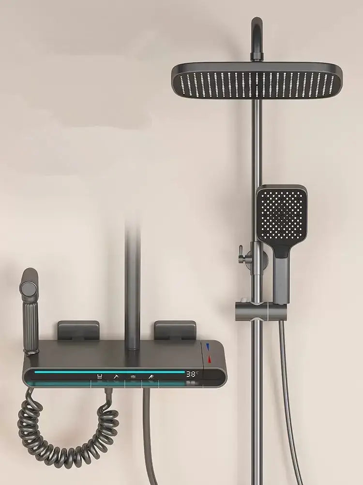 Modern matte black brass shower faucet set with rectangular rainhead handheld spray and digital temperature display