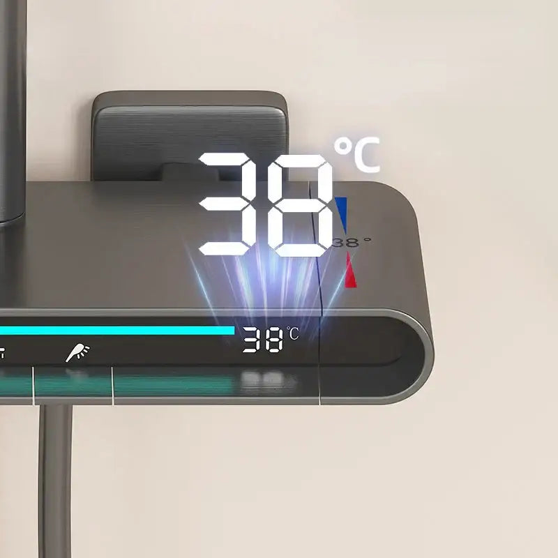 Modern matte black brass shower faucet set with led display showing 38°c and blue red temperature indicator bar