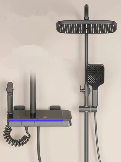 Modern matte black brass shower faucet set with square rainhead, handheld spray, and integrated led display control panel