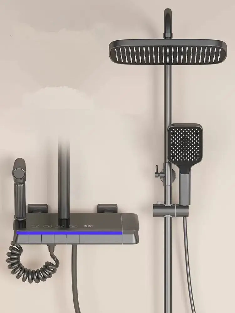 Modern matte black brass shower faucet set with square rainhead, handheld spray, and integrated led display control panel