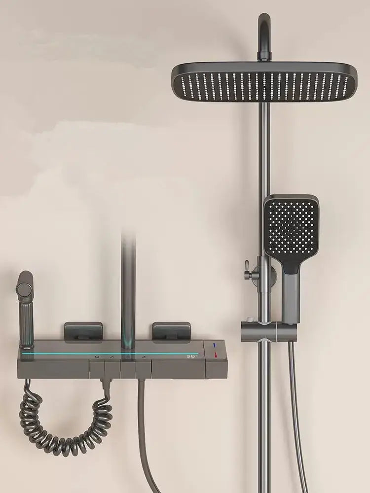 Modern matte black brass shower faucet set with square rainhead and handheld spray featuring sleek metallic fixtures