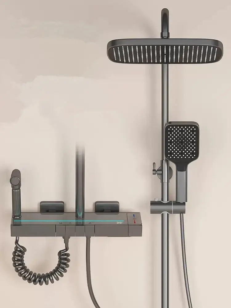 Modern matte black brass shower faucet set with square rainhead and handheld spray features sleek chrome accents