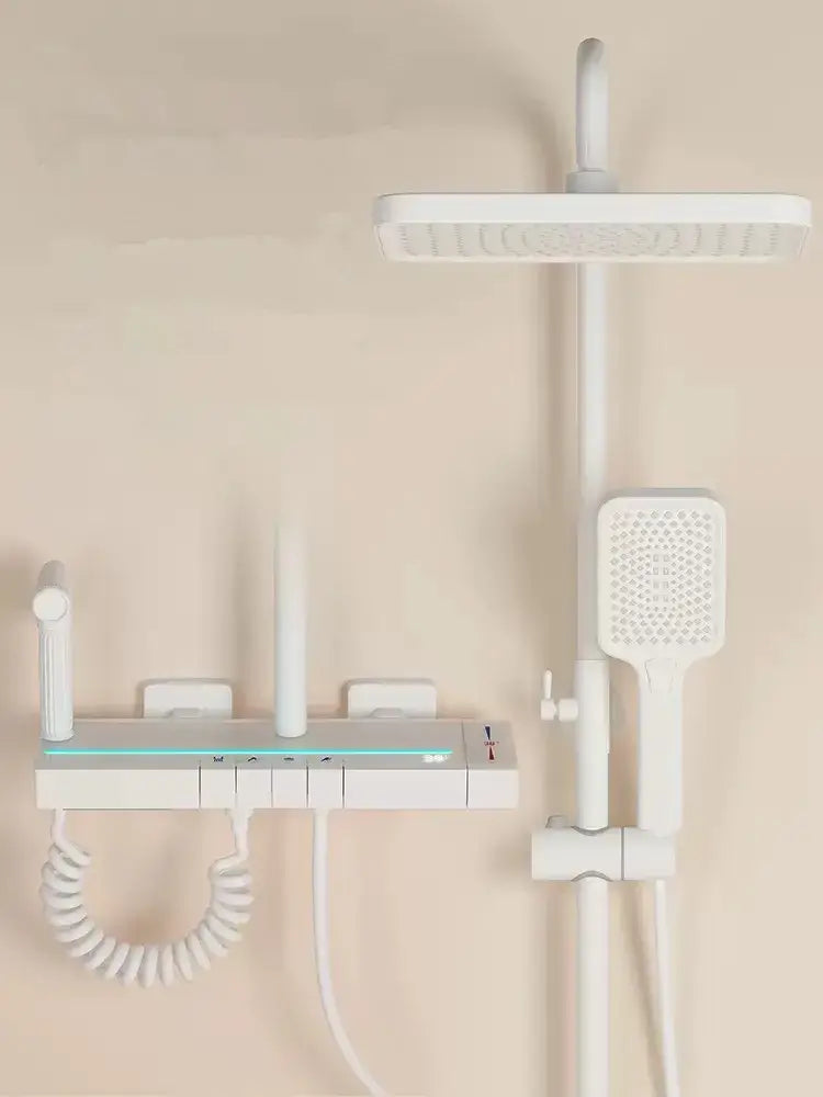 Modern matte black brass shower faucet set with white rectangular rainhead, handheld spray, and integrated led lighting