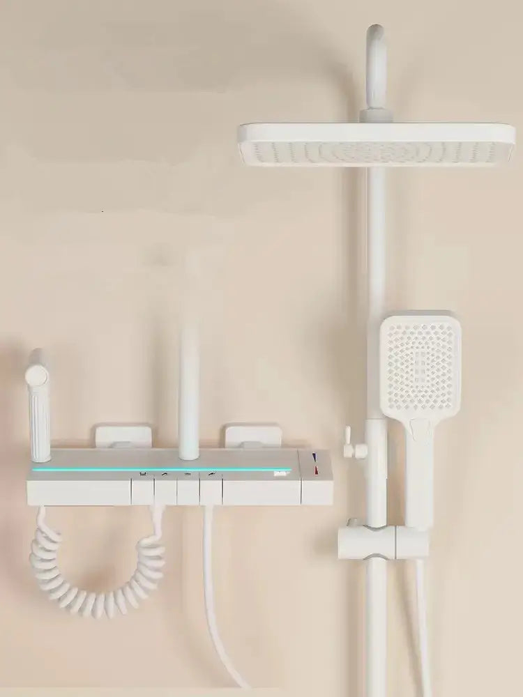 Modern matte black brass shower faucet set with rectangular rainhead handheld spray and integrated control panel with antennas
