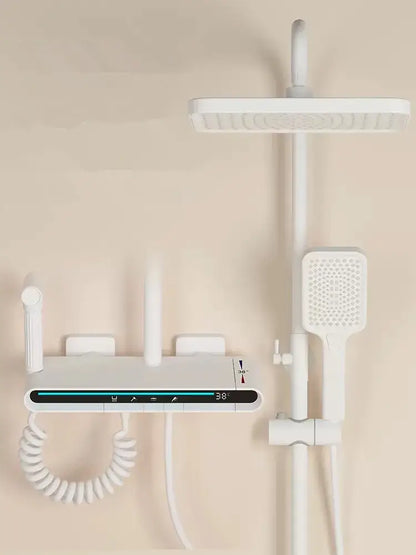 White modern matte black brass shower faucet set with rectangular rainhead handheld spray and digital temperature display