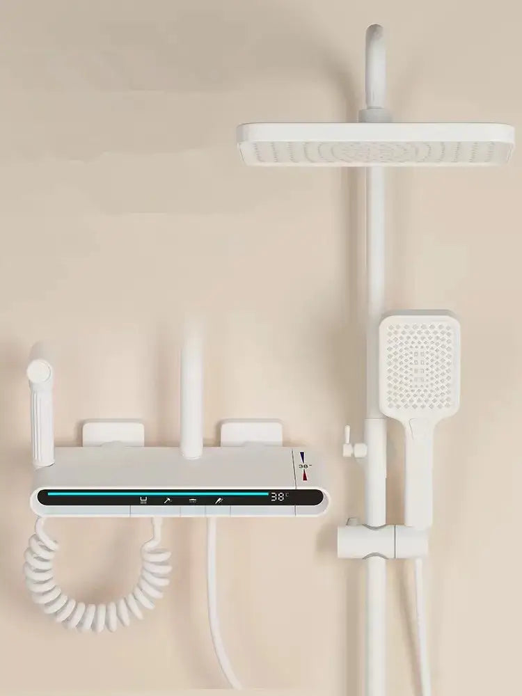 White modern matte black brass shower faucet set with rectangular rainhead handheld spray and digital temperature display