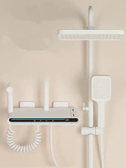 Modern matte black brass shower faucet set with digital LED display and sleek white shower system design