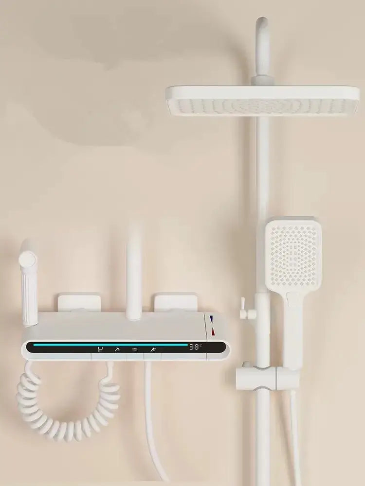 Modern matte black brass shower faucet set with digital LED display and sleek white shower system design