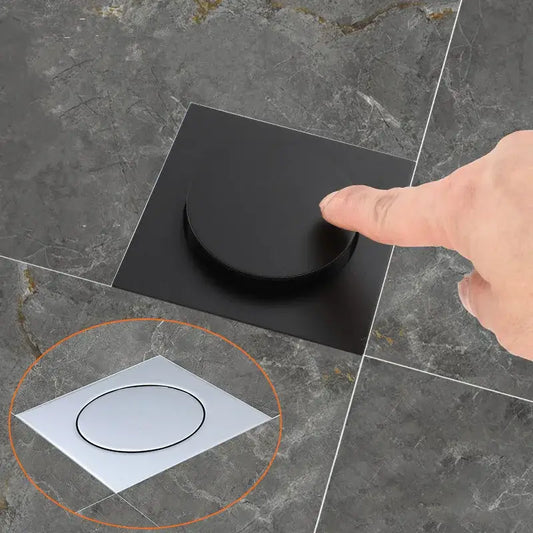 Black square flush-mounted brass shower floor drain with circular matte lid for modern bathroom decorbites brass shower