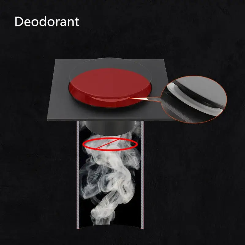 Red circular deodorant stick with a sleek metallic cap next to a modern matte black decorbites brass shower floor drain