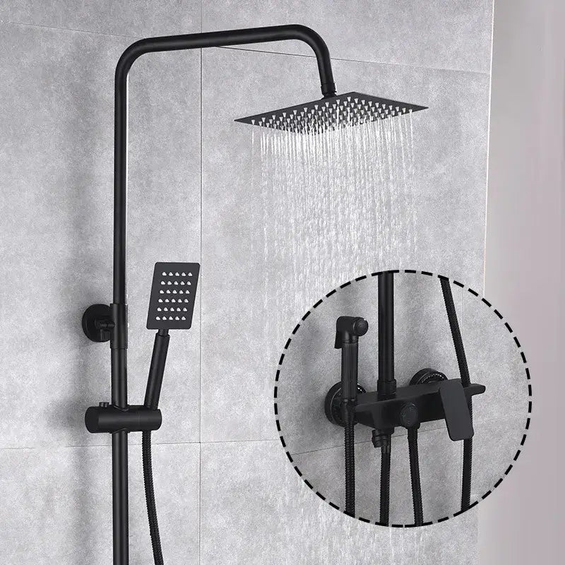 Modern matte black brass shower set featuring a black matte-finish square rain shower head and matching handheld faucet
