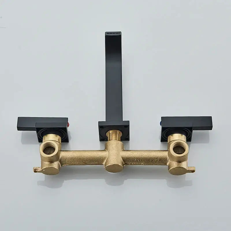 Modern matte black brass wall mounted basin faucet with sleek rectangular spout and two square decorbites black brass handles
