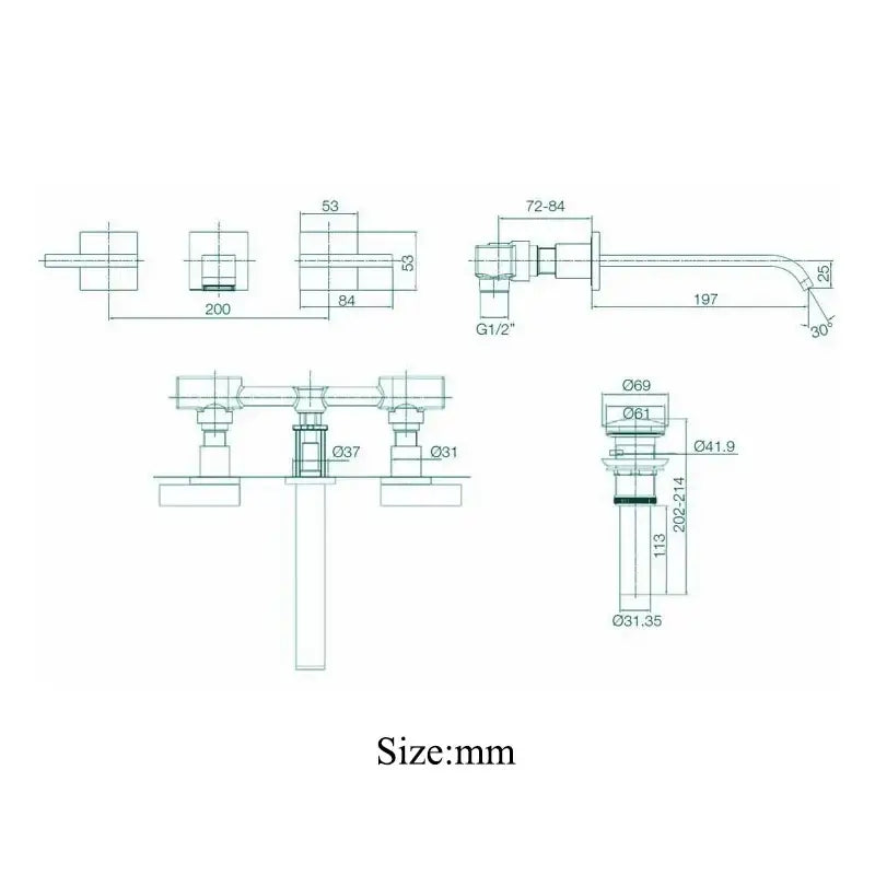 Technical drawing of a modern matte black brass wall mounted basin faucet with dimensional specifications in millimeters