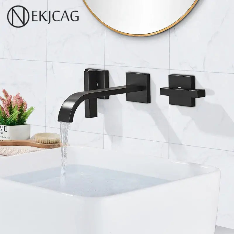 Modern matte black brass wall mounted basin faucet with sleek rectangular handles for contemporary bathroom decorbites black brass wall design