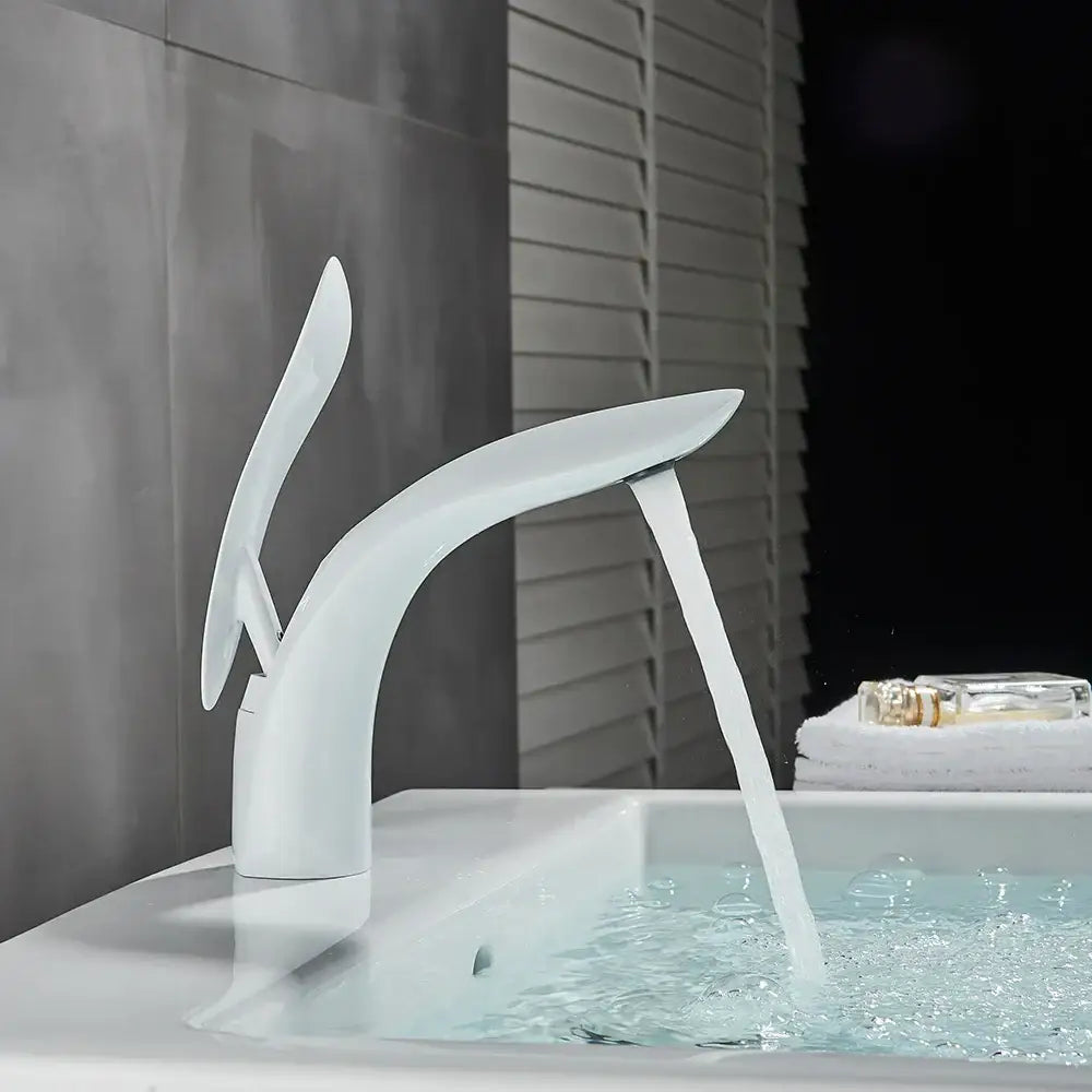 Modern matte black decorbites brass washbasin faucet with white ceramic curved spout single handle design