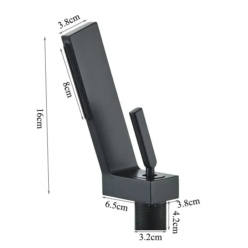 Modern matte black brass waterfall basin faucet with a sleek angular design and integrated handle for bathroom use
