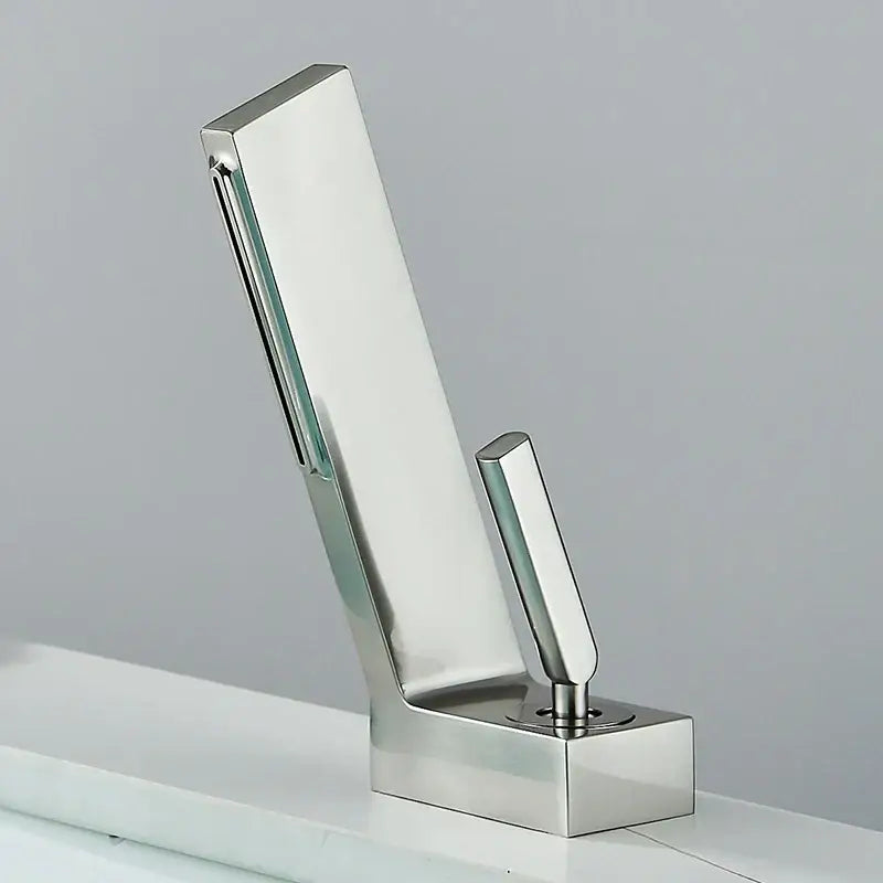 Modern matte black brass waterfall basin faucet with brushed stainless steel finish and integrated handle for bathroom decorbites brass waterfall design
