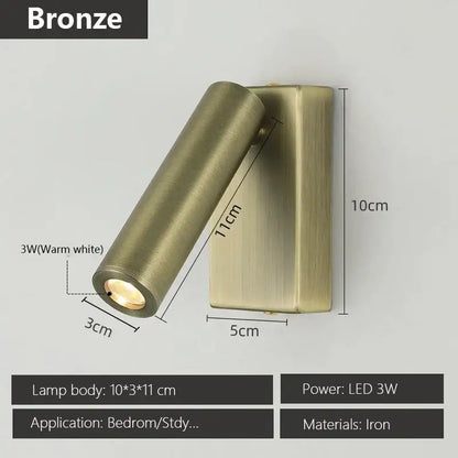 Bronze-finished iron wall lamp with adjustable angle, cylindrical head, and rectangular base for bedroom decorbites adjustable angle