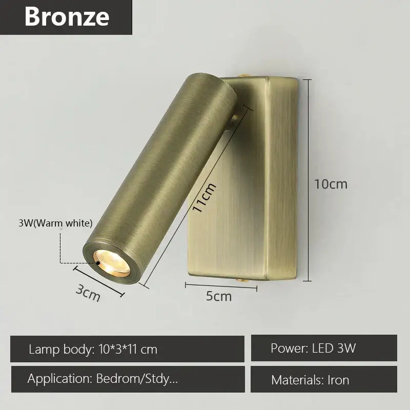 Bronze-finished iron wall lamp with adjustable angle, cylindrical head, and rectangular base for bedroom decorbites adjustable angle