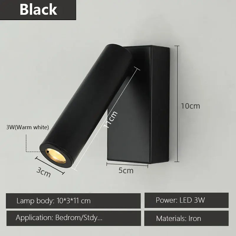 Black iron wall lamp with adjustable angle matte black cylindrical head and rectangular base for warm white bedroom lighting decorbites adjustable angle