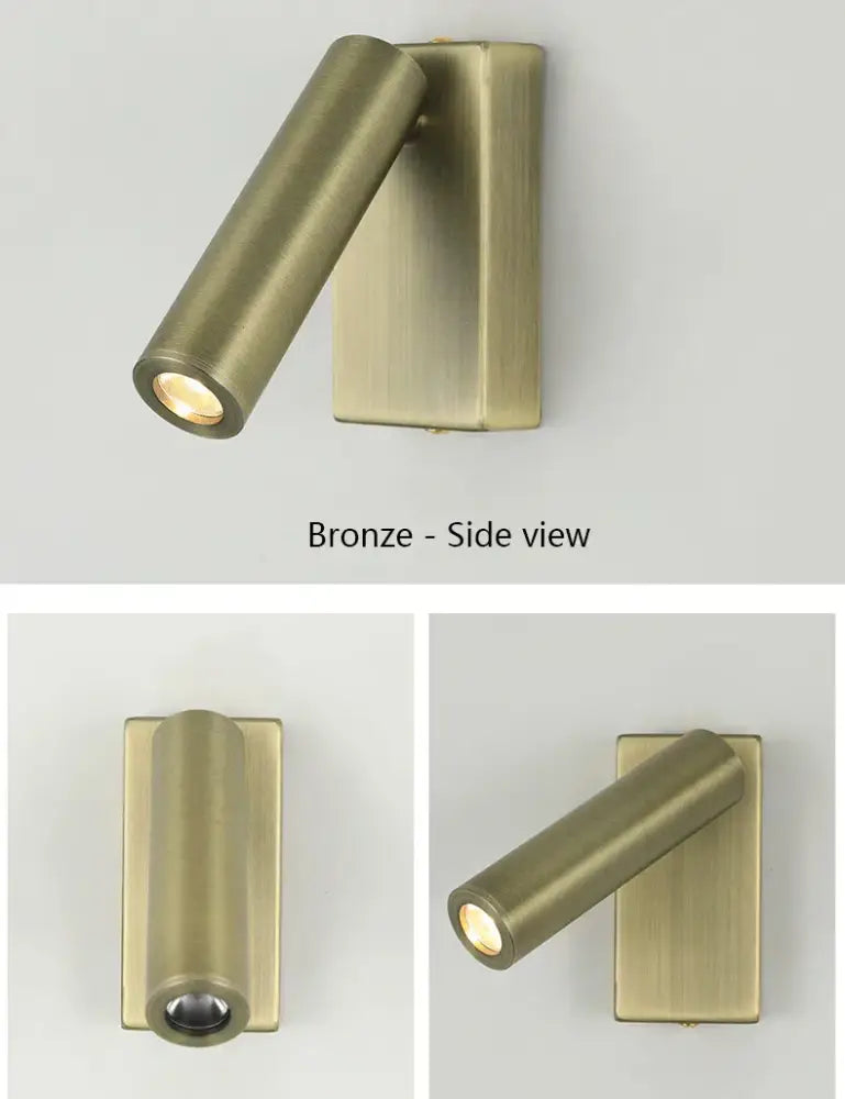 Bronze-finished wall lamp with adjustable angle, sleek cylindrical head, and rectangular base for modern bedroom decorbites decor