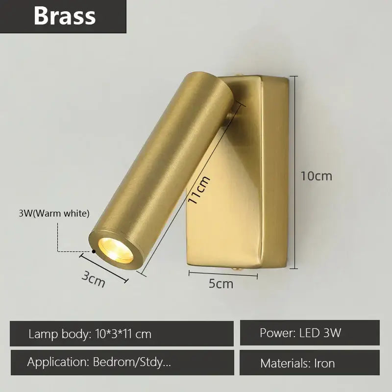 A sleek brass-finished wall lamp with adjustable angle and led 3w warm white light for modern bedroom decorbites
