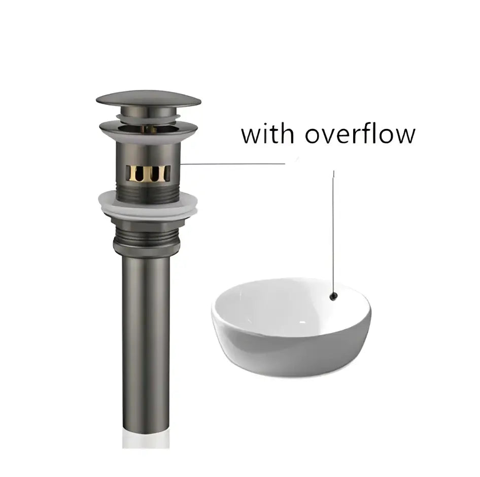 Matte black metal sink drain with overflow feature paired with decorbites brushed gold basin faucet for modern bathroom decor