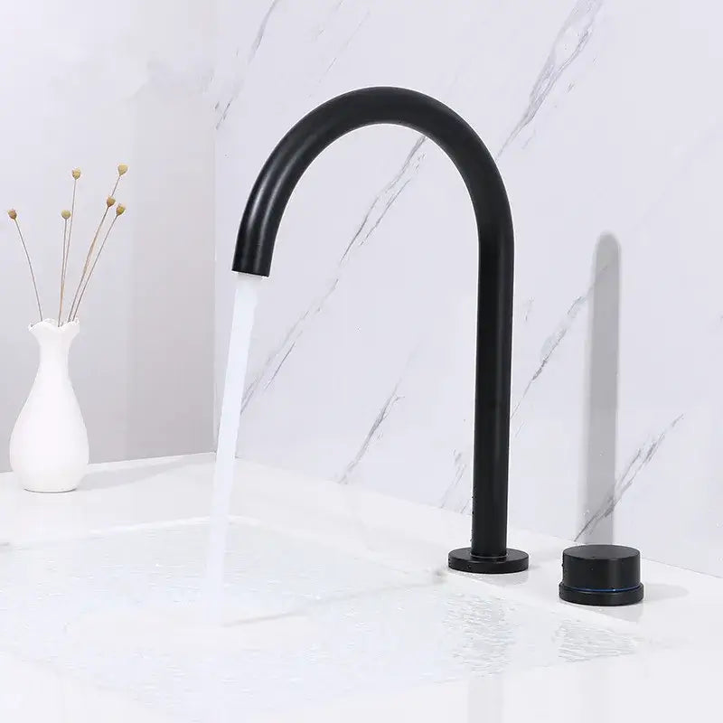Modern matte black basin faucet with sleek curved spout and decorbites brushed gold minimalist design