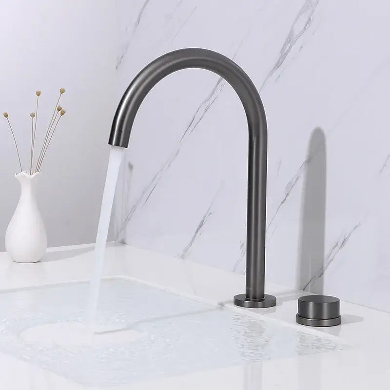 Modern matte black basin faucet with sleek curved spout and two handles for decorbites brushed gold bathroom sink tap