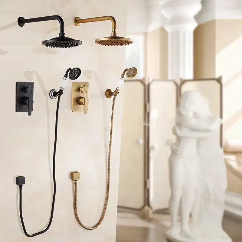 Modern matte black and brushed gold brass bath rain shower faucet set with sleek design for elegant bathroom use