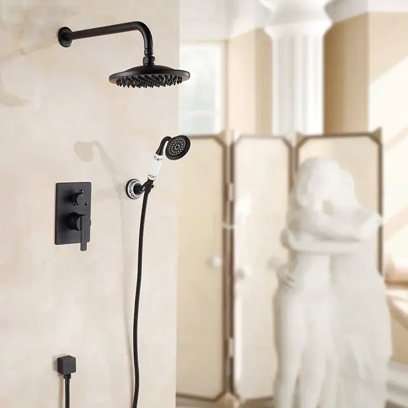 Modern matte black bath rain shower faucet set with rectangular control panel and matching overhead rainhead