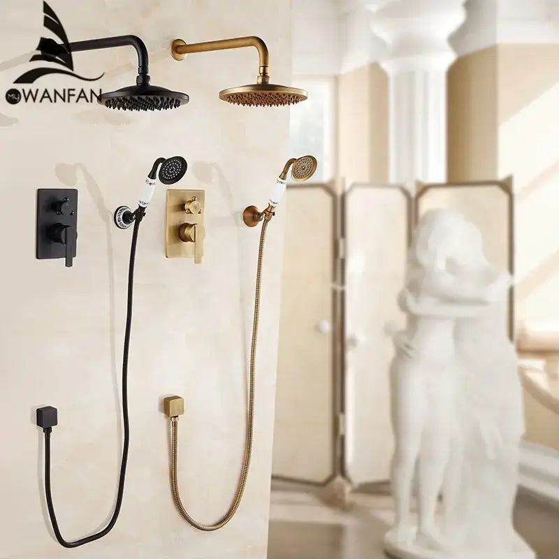 Modern matte black and brushed gold bath rain shower faucet set by wanfan with sleek minimalist design