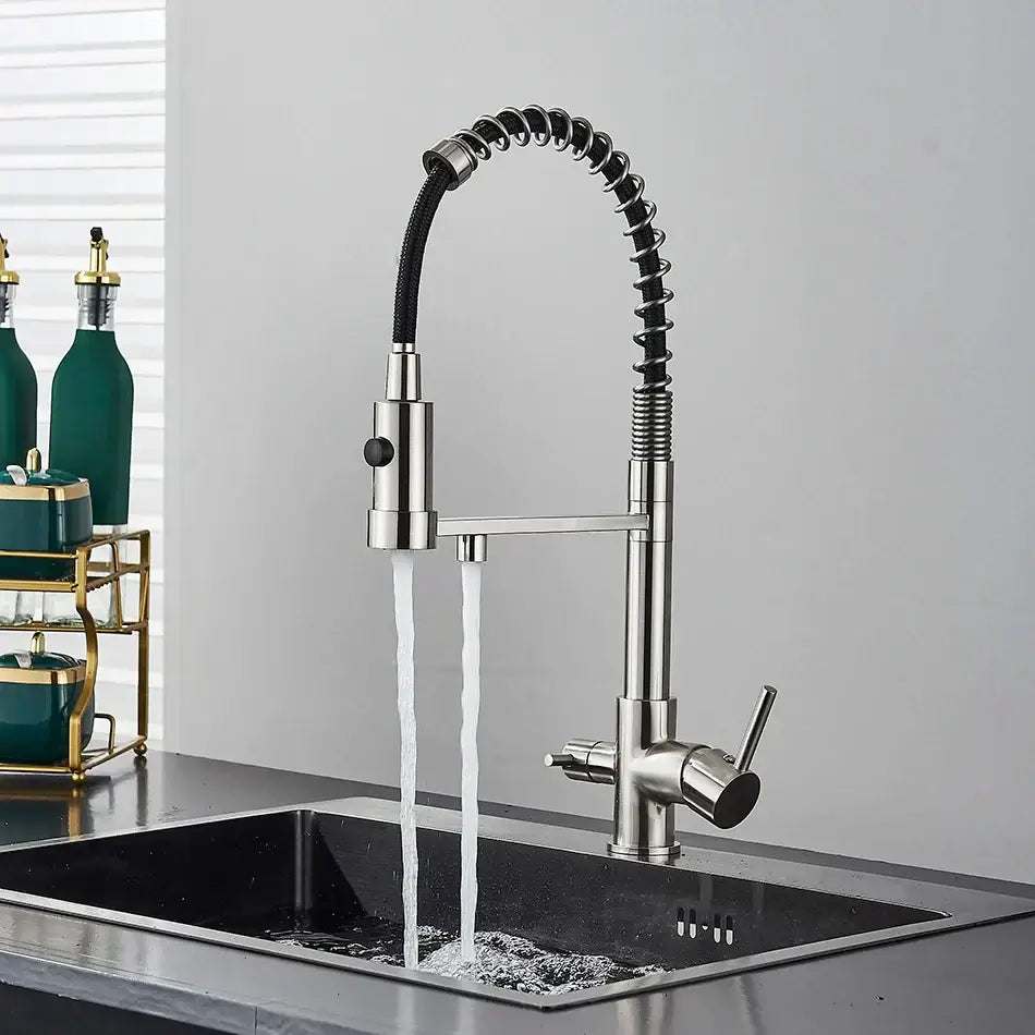 Modern matte black and brushed gold decorbites dual spout stainless steel kitchen faucet with flexible coiled hose and dual spray nozzles