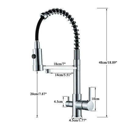 Modern chrome-finished kitchen faucet with flexible black spiral hose and pull-down spray head for decorbites dual spout water filter